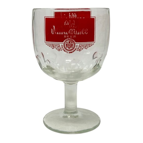 Vtg Old Milwaukee Beer Thumb Print Goblet Red Logo 16 Oz Jos. Schlitz Brewing Co - Picture 1 of 10